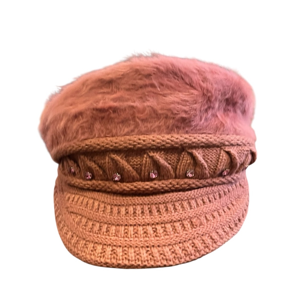 NWT pink angora blend newsboy hat with knit brim and rhinestone trim